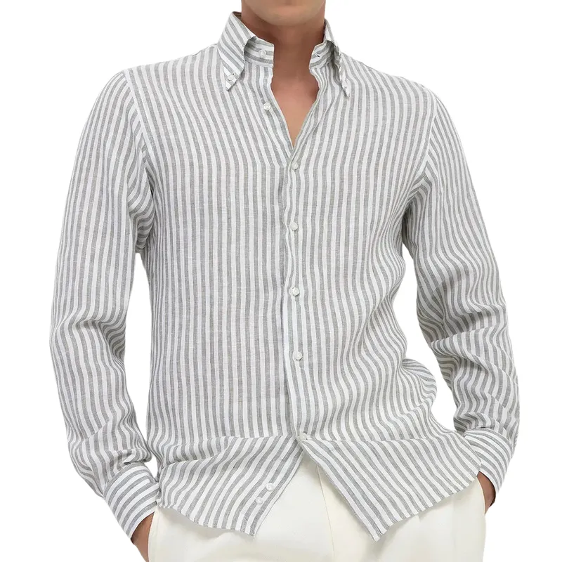Men's Casual Lapel Cotton and Linen Blended Striped Long Sleeve Shirt 10061648F sold by Manly