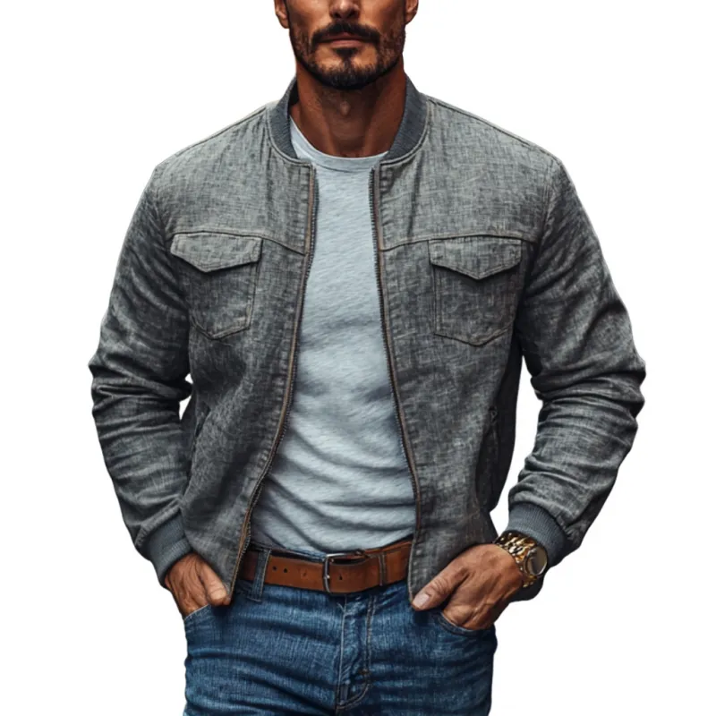 Men's Casual Stand Collar Linen Zipper Loose Bomber Jacket 42143600M sold by Manly