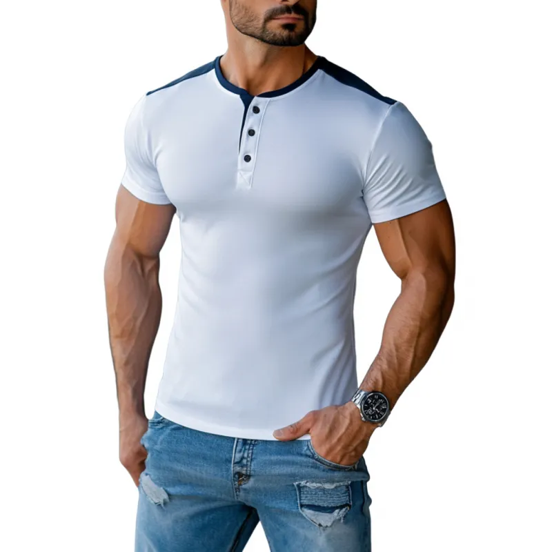 Men's Casual Cotton Colorblock Henley Collar Slim Fit Short Sleeve T-Shirt 12256522M sold by Manly