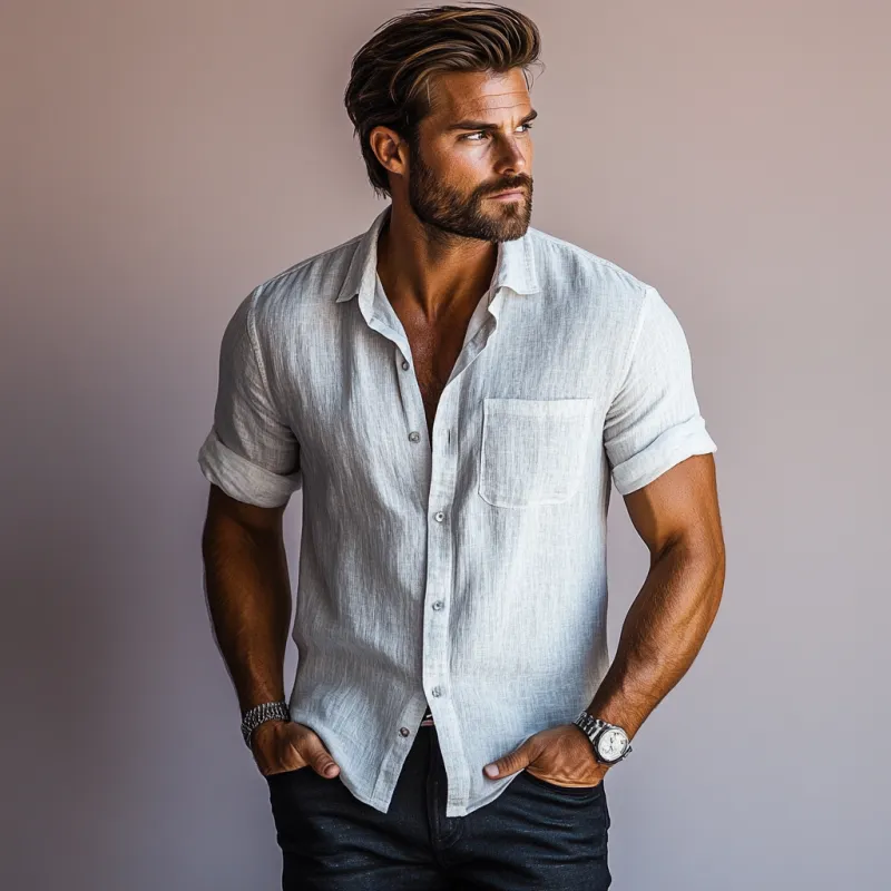 Men's Casual Linen Lapel Slim Fit Short Sleeve Shirt 24931240M sold by Manly product image thumbnail 3