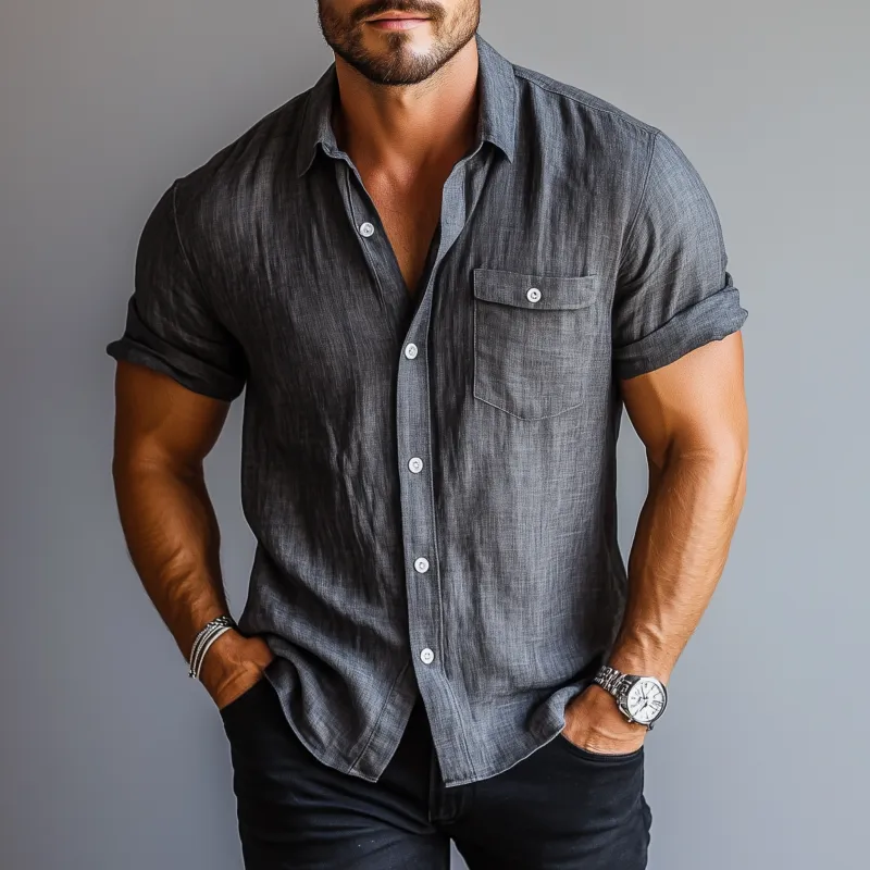 Men's Casual Linen Lapel Slim Fit Short Sleeve Shirt 78899494M sold by Manly product image thumbnail 2