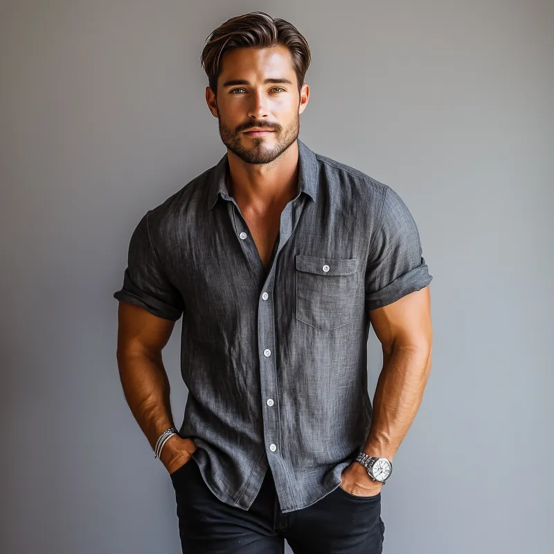 Men's Casual Linen Lapel Slim Fit Short Sleeve Shirt 78899494M sold by Manly product image thumbnail 3