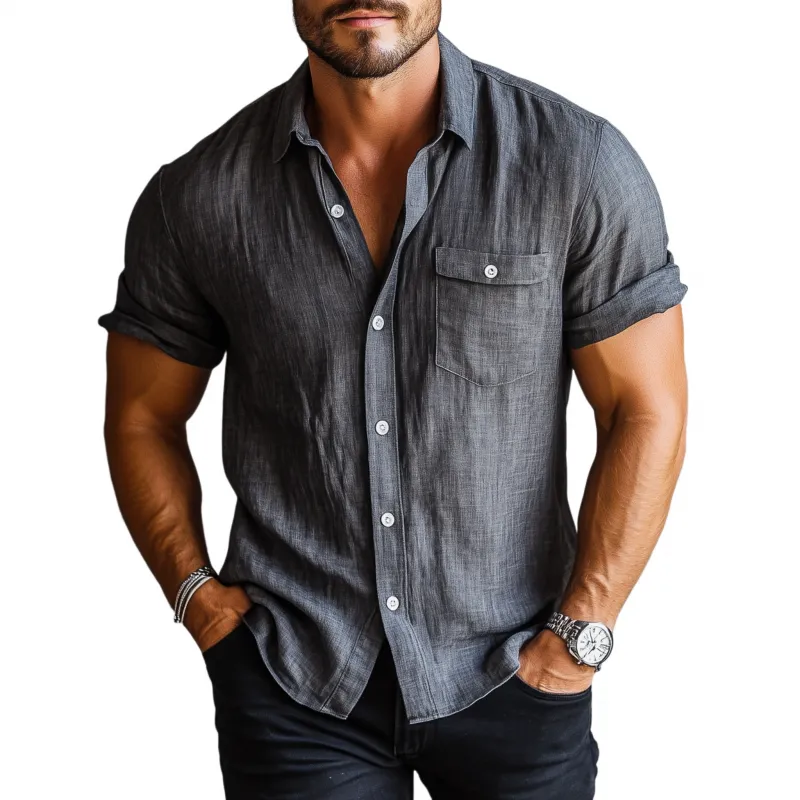 Men's Casual Linen Lapel Slim Fit Short Sleeve Shirt 78899494M sold by Manly