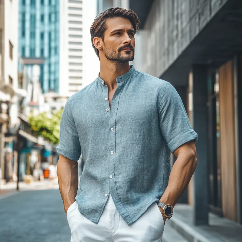 Men's Casual Linen Stand Collar Loose Short Sleeve Shirt 31388730M sold by Manly product image thumbnail 3