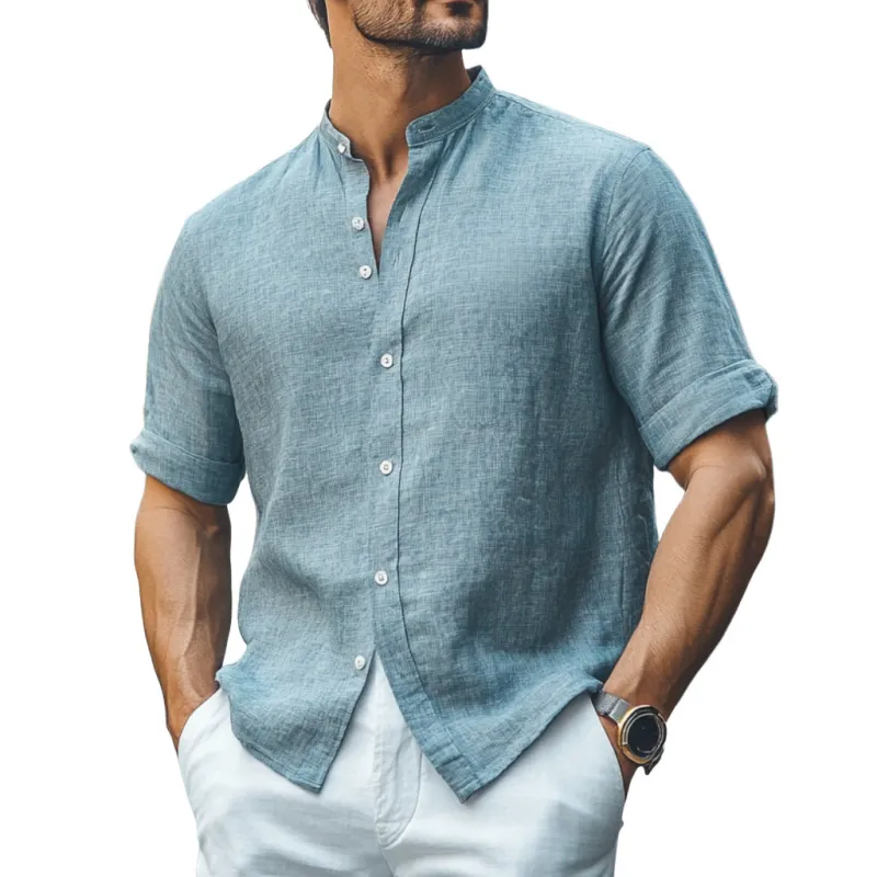 Men's Casual Linen Stand Collar Loose Short Sleeve Shirt 31388730M sold by Manly
