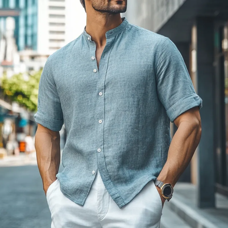 Men's Casual Linen Stand Collar Loose Short Sleeve Shirt 31388730M sold by Manly product image thumbnail 2