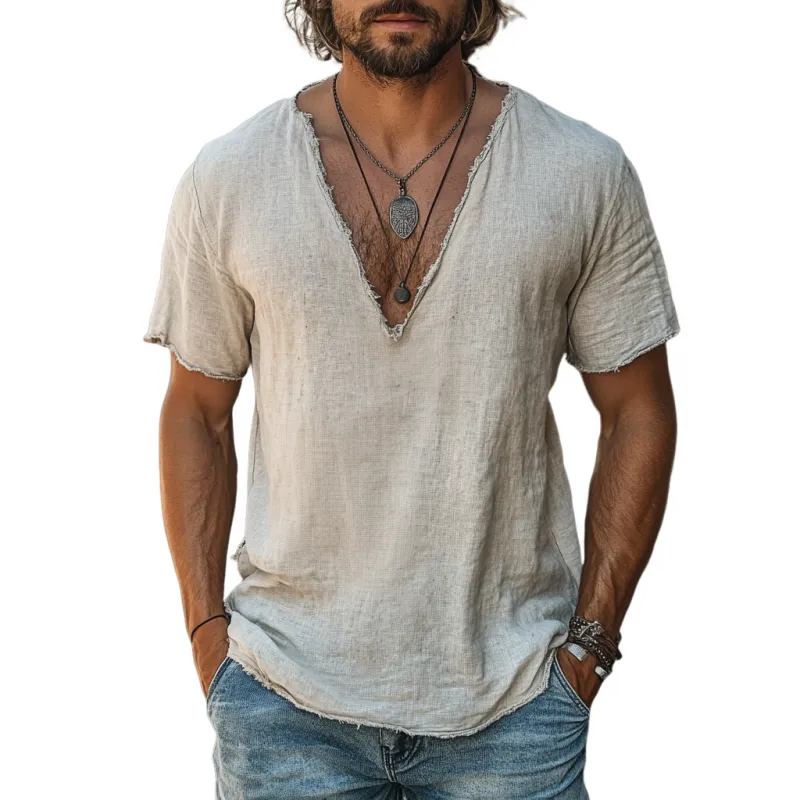 Men's Casual Linen Raw Edge V-neck Loose Short-sleeved Shirt 28589287M sold by Manly