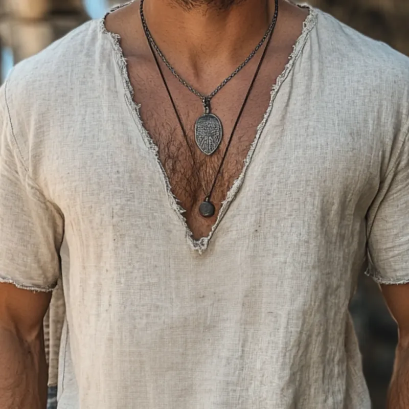 Men's Casual Linen Raw Edge V-neck Loose Short-sleeved Shirt 28589287M sold by Manly product image thumbnail 3