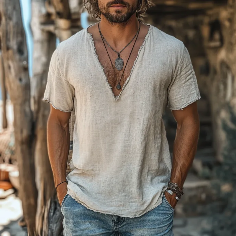 Men's Casual Linen Raw Edge V-neck Loose Short-sleeved Shirt 28589287M sold by Manly product image thumbnail 2