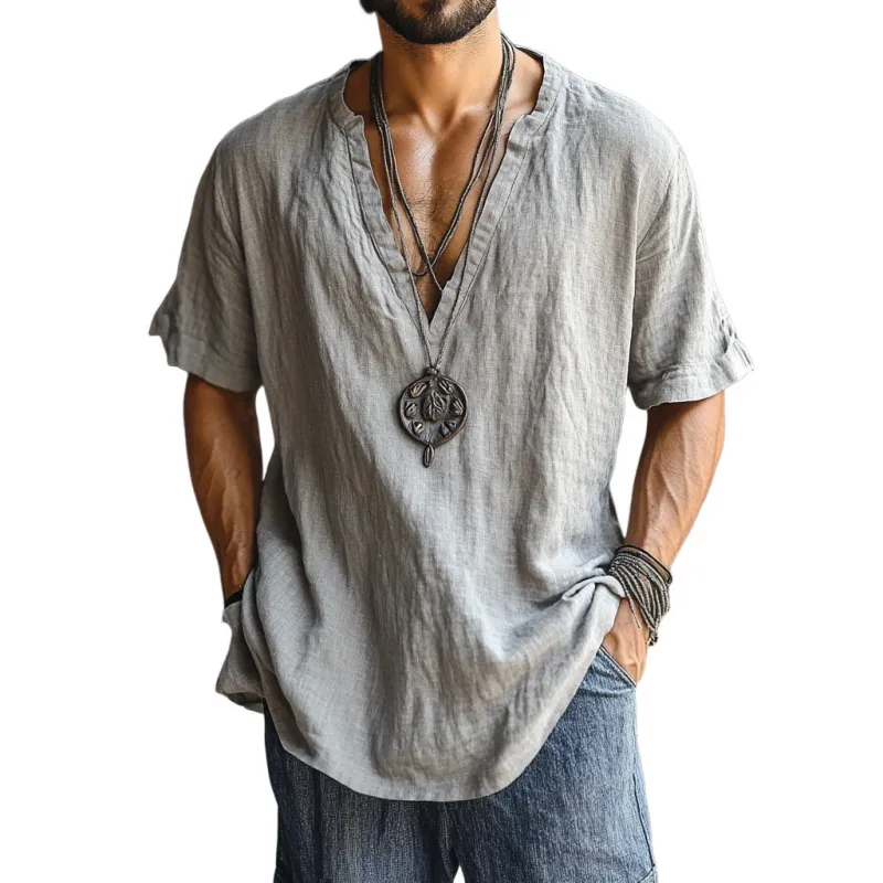 Men's Casual Linen V-neck Loose Short Sleeve Shirt 43243302M sold by Manly