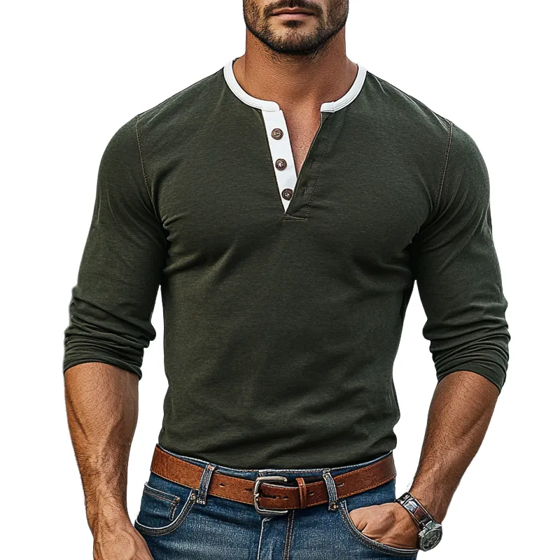 Men's Colorblock Henley Collar Long Sleeve T-shirt 96848876Z sold by Manly