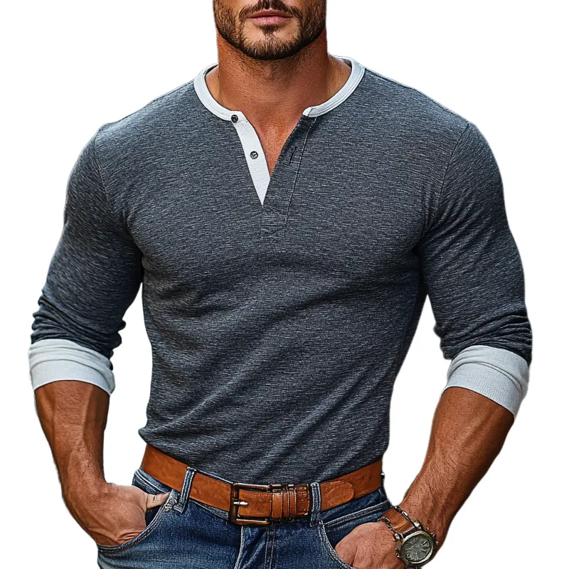 Men's Colorblock Henley Collar Long Sleeve T-shirt 88733984Z sold by Manly