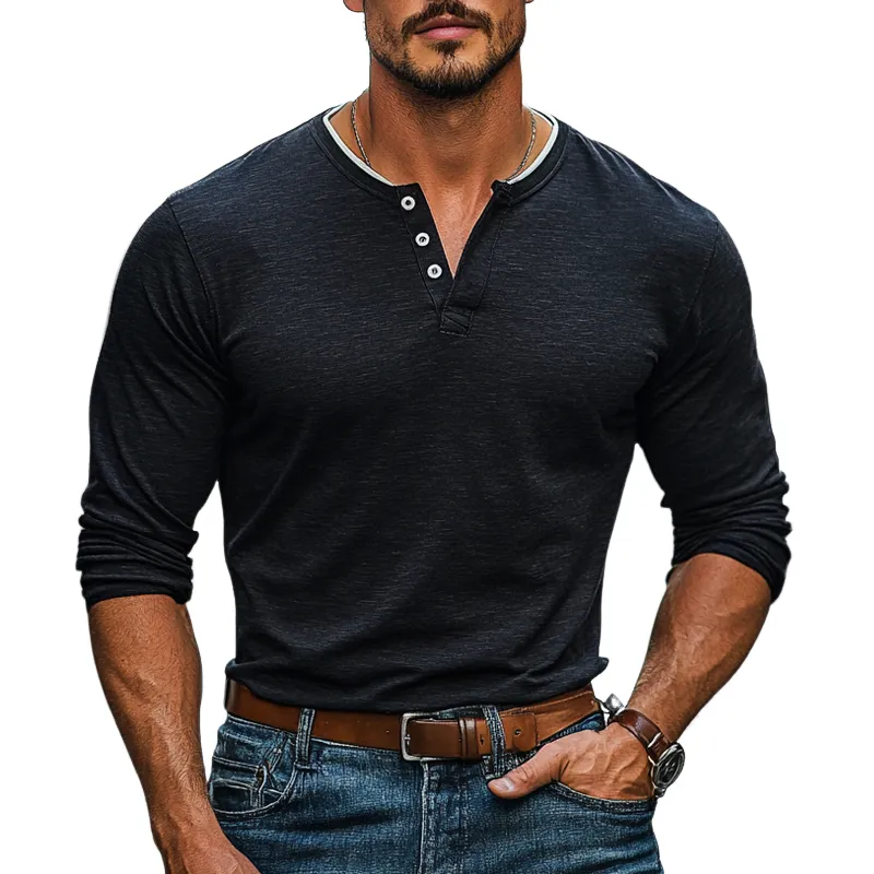 Men's Colorblock Henley Collar Long Sleeve T-shirt 43545152Z sold by Manly