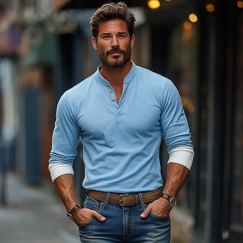 Men's Colorblock Henley Collar Long Sleeve T-shirt 05236015Z sold by Manly product image thumbnail 3