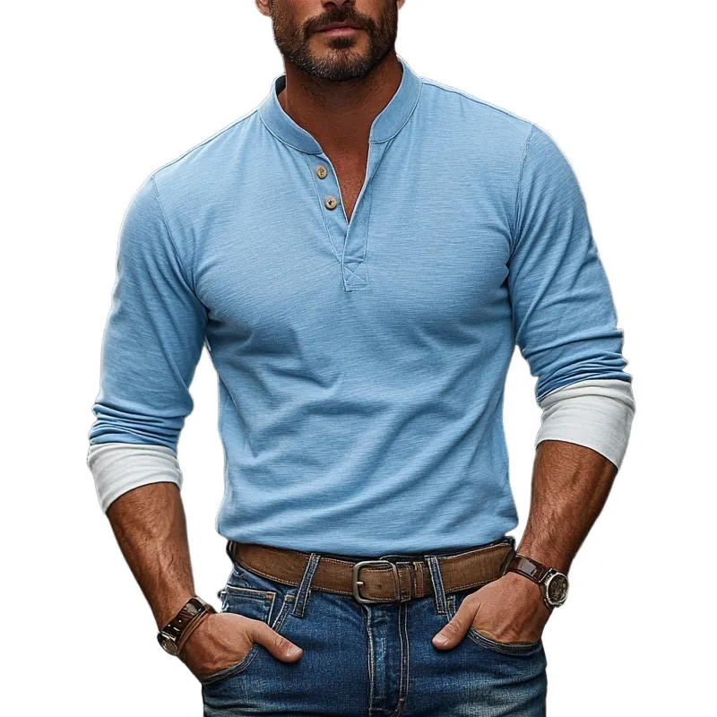 Men's Colorblock Henley Collar Long Sleeve T-shirt 05236015Z sold by Manly