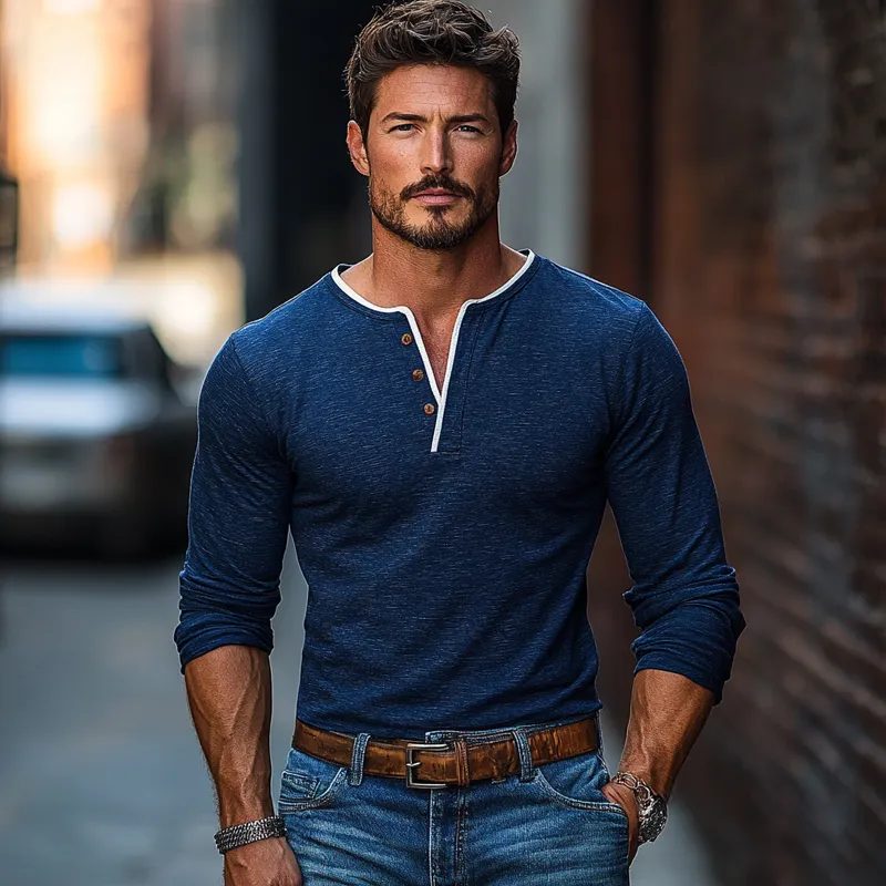 Men's Colorblock Henley Collar Long Sleeve T-shirt 79099726Z sold by Manly product image thumbnail 3