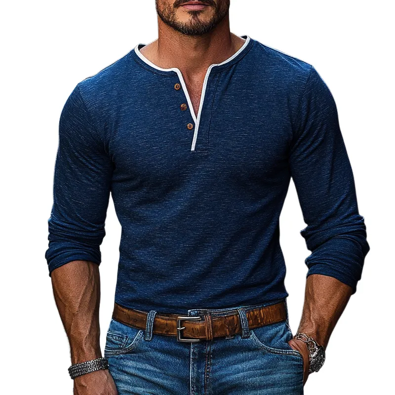 Men's Colorblock Henley Collar Long Sleeve T-shirt 79099726Z sold by Manly