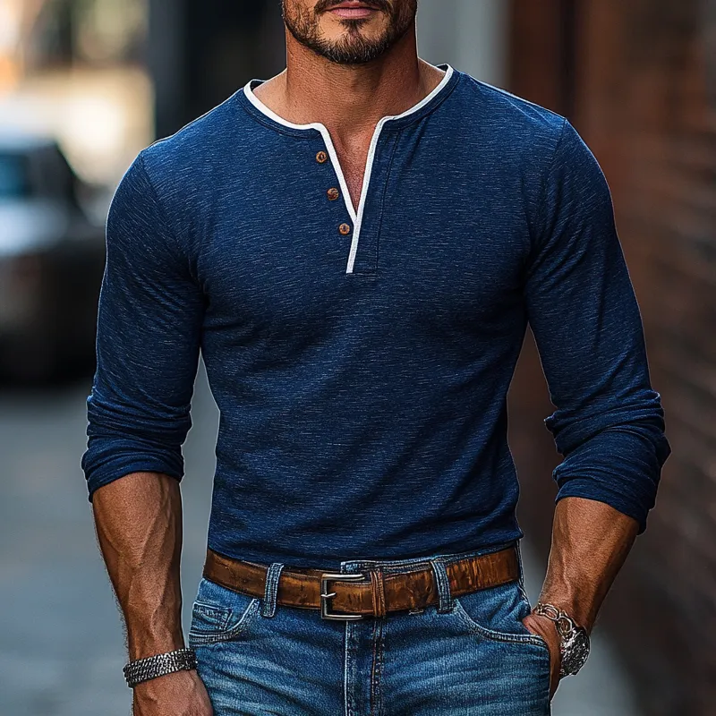 Men's Colorblock Henley Collar Long Sleeve T-shirt 79099726Z sold by Manly product image thumbnail 2