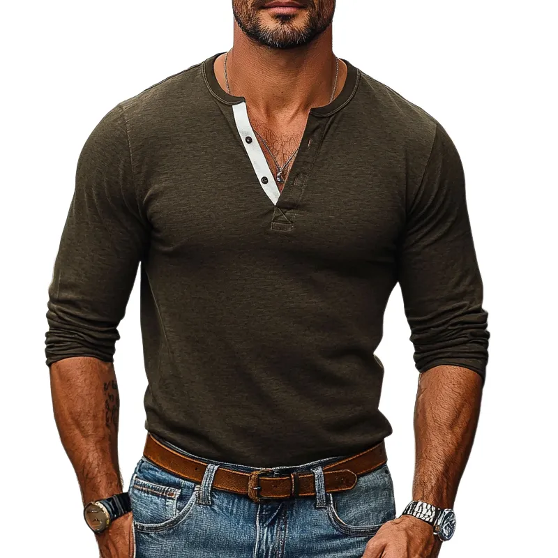 Men's Colorblock Henley Collar Long Sleeve T-shirt 51824023Z sold by Manly