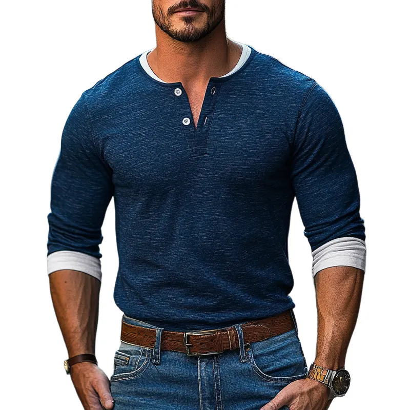 Men's Colorblock Henley Collar Long Sleeve T-shirt 65176903Z sold by Manly