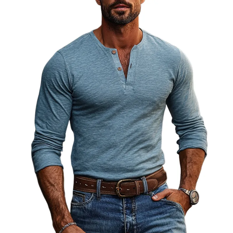 Men's Solid Color Henley Collar Long Sleeve T-shirt 28497845Z sold by Manly