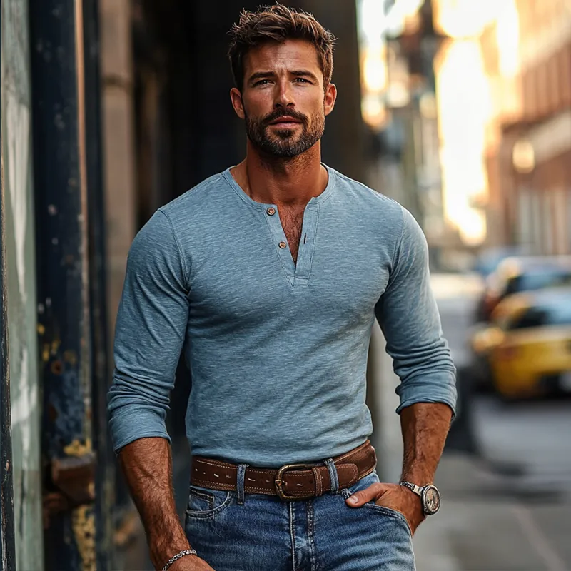 Men's Solid Color Henley Collar Long Sleeve T-shirt 28497845Z sold by Manly product image thumbnail 3