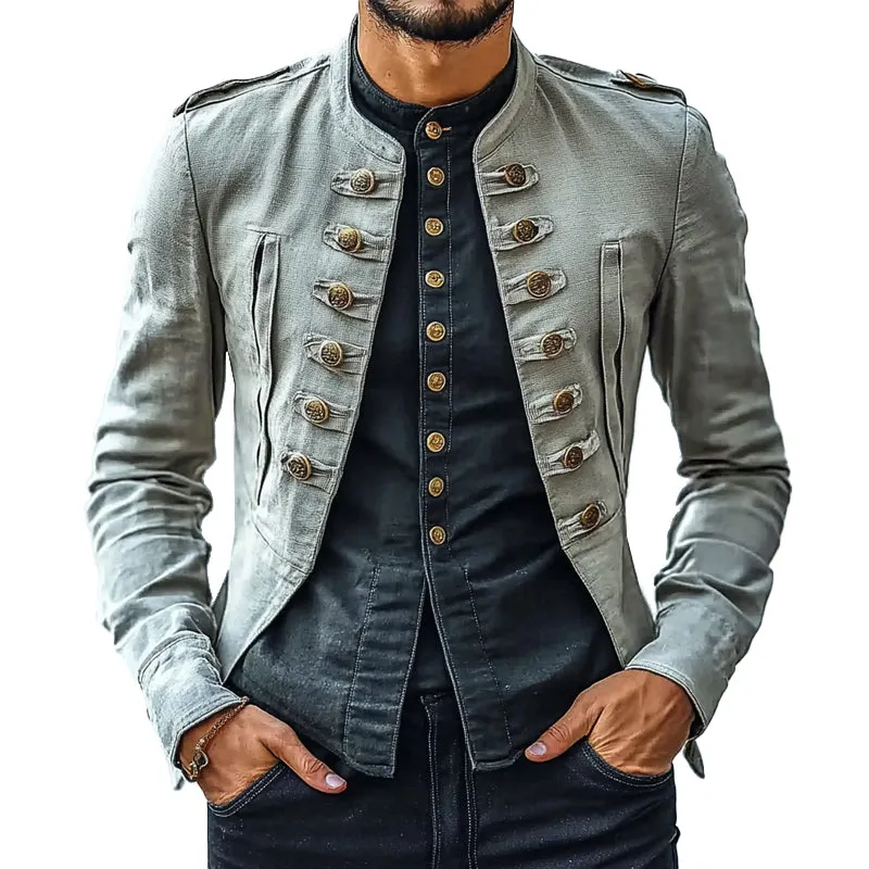 Men's Cotton and Linen Stand Collar Decorative Button Jacket 15384403X sold by Manly