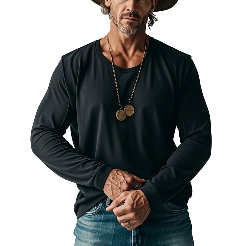 Men's Loose Solid Color Round Neck Long Sleeve T-Shirt 02193956X sold by Manly