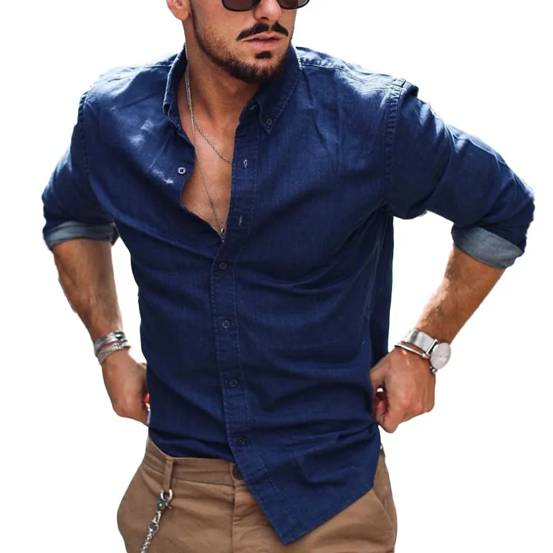 Men's Casual Solid Color Long Sleeve Lapel Denim Shirt 19564437X sold by Manly