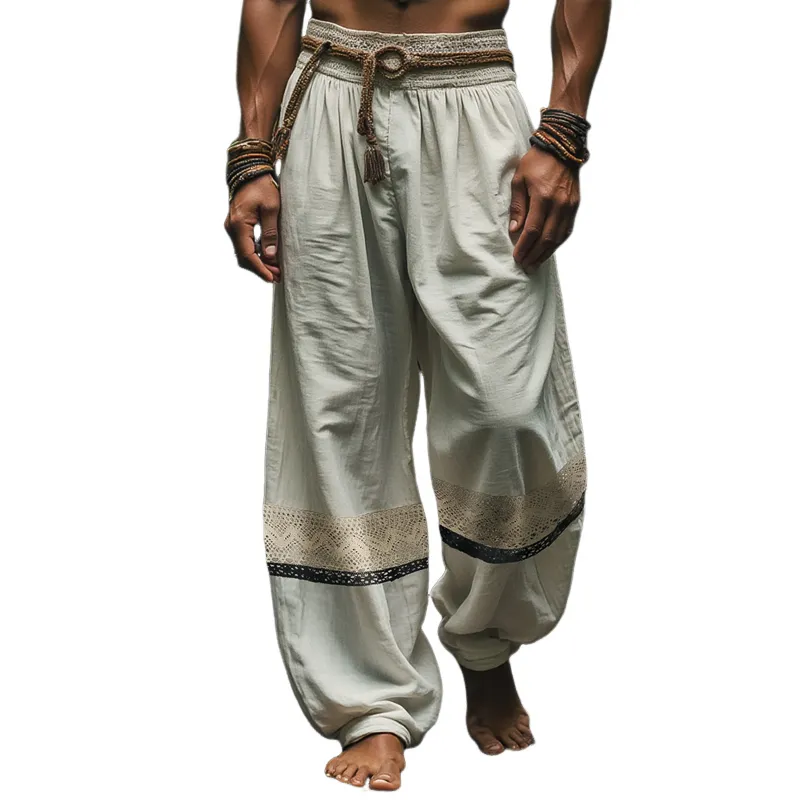 Men's Casual Vintage Embroidered Ribbon Trim Elastic Waist Casual Pants 68134279Z sold by Manly