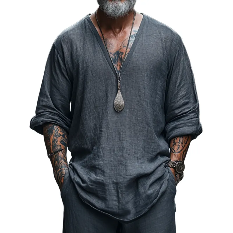 Men's Vintage Casual V-Neck Blended Long Sleeve T-Shirt 57593662F sold by Manly