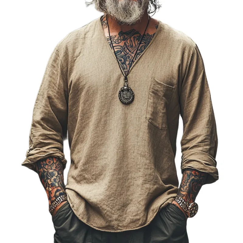 Men's Vintage Casual V-Neck Blended Long Sleeve T-Shirt 77314739F sold by Manly