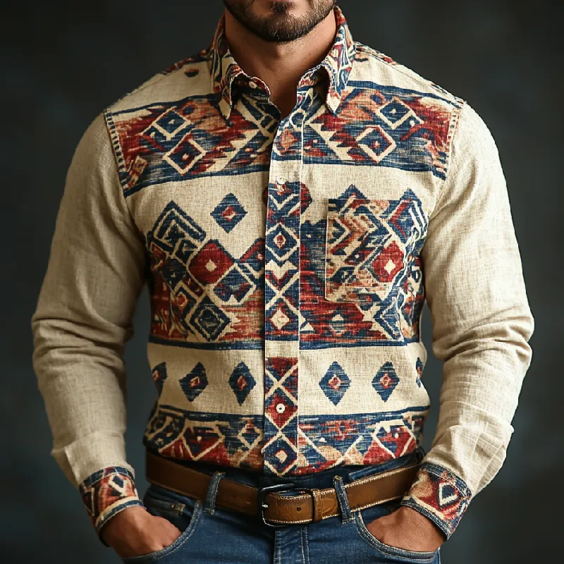 Men's Retro Lapel Printed Cotton and Linen Long Sleeve Shirt 09411617F sold by Manly product image thumbnail 2