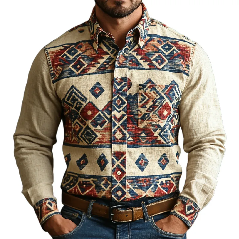Men's Retro Lapel Printed Cotton and Linen Long Sleeve Shirt 09411617F sold by Manly