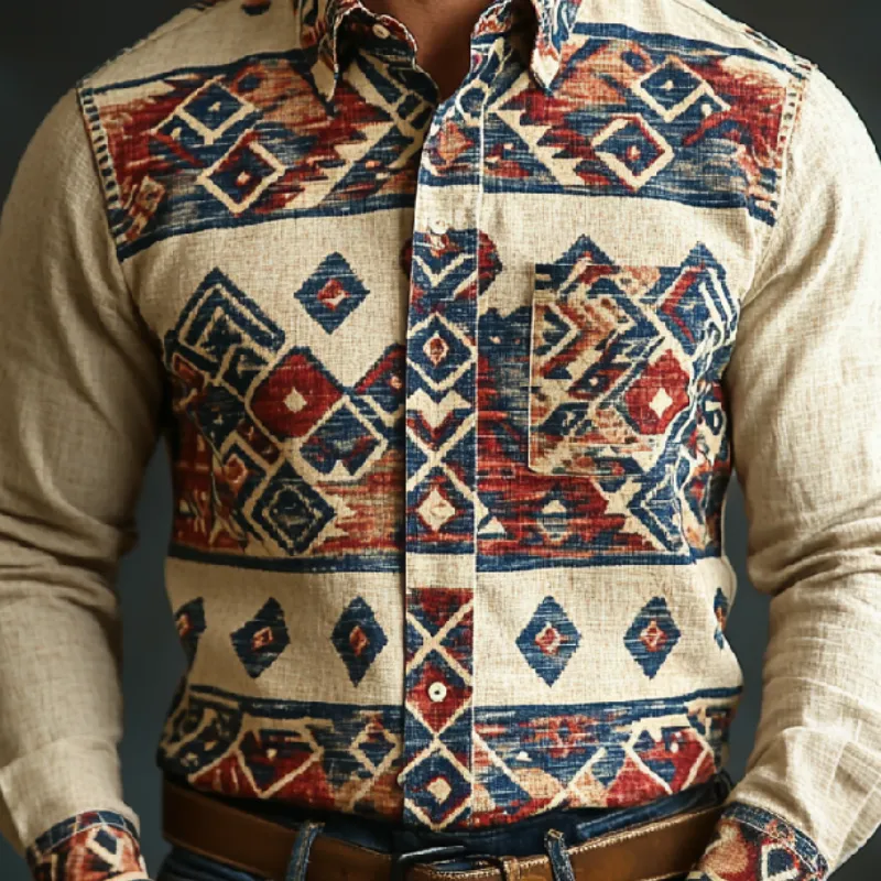 Men's Retro Lapel Printed Cotton and Linen Long Sleeve Shirt 09411617F sold by Manly product image thumbnail 3