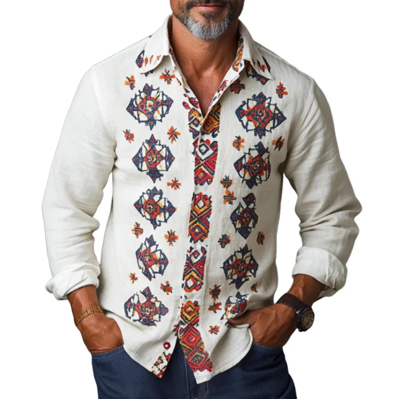 Men's Casual All-match Lapel Printed Cotton and Linen Long-sleeved Shirt 92860838F sold by Manly
