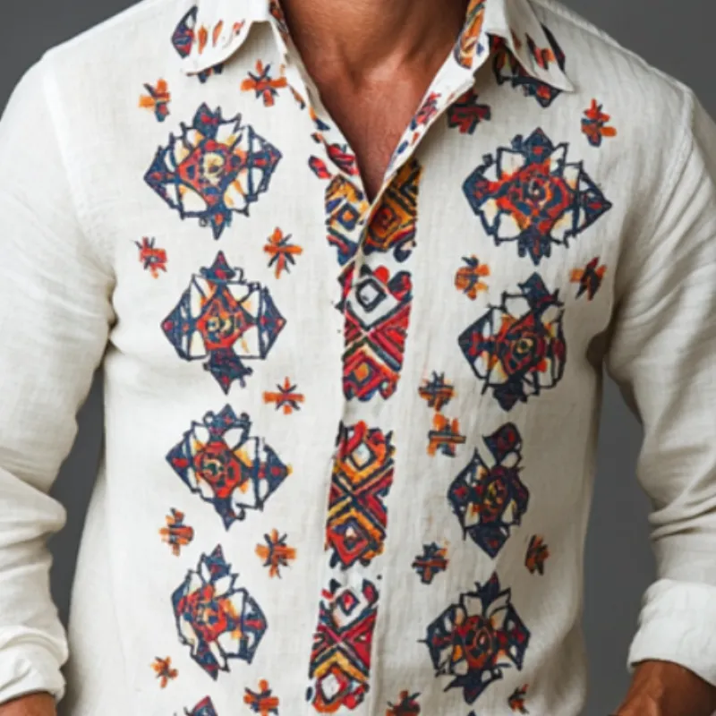 Men's Casual All-match Lapel Printed Cotton and Linen Long-sleeved Shirt 92860838F sold by Manly product image thumbnail 3