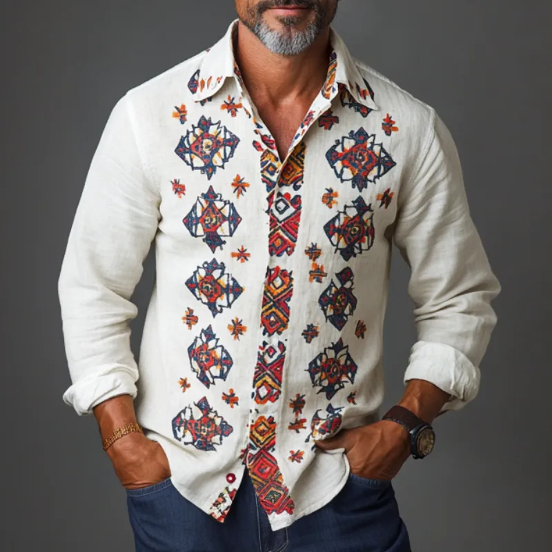 Men's Casual All-match Lapel Printed Cotton and Linen Long-sleeved Shirt 92860838F sold by Manly product image thumbnail 2