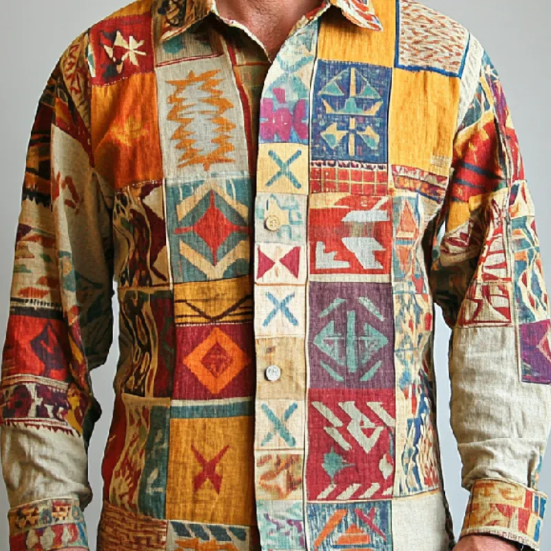 Men's Retro Colorblock Lapel Printed Cotton and Linen Long Sleeve Shirt 02676075F sold by Manly product image thumbnail 3