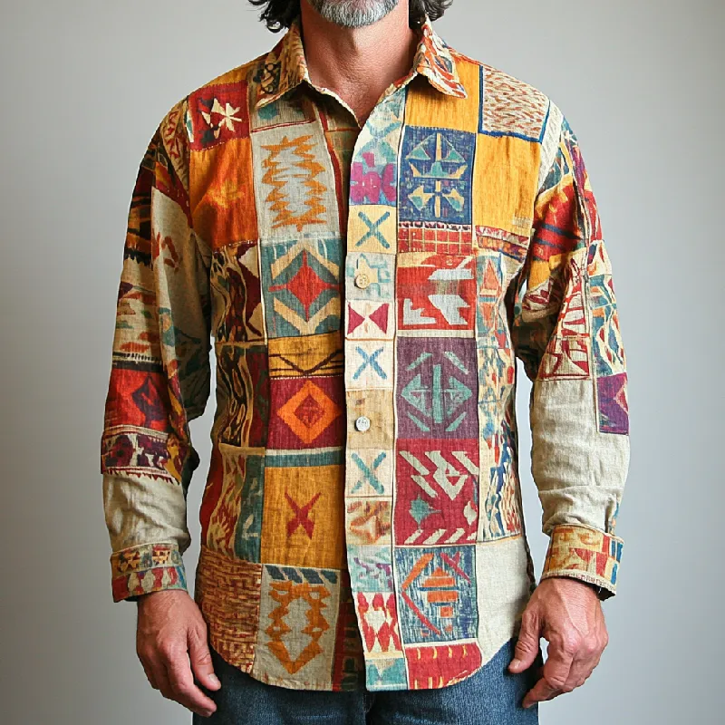 Men's Retro Colorblock Lapel Printed Cotton and Linen Long Sleeve Shirt 02676075F sold by Manly product image thumbnail 2