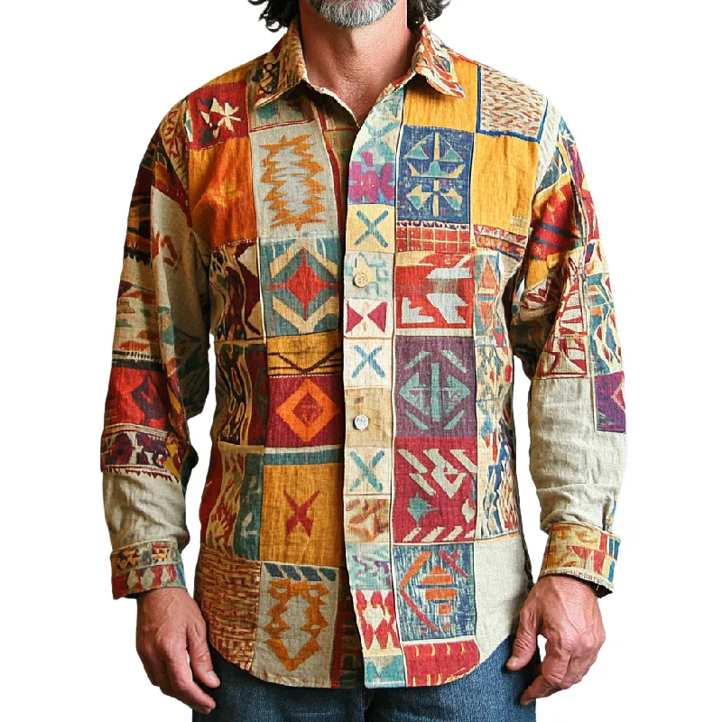 Men's Retro Colorblock Lapel Printed Cotton and Linen Long Sleeve Shirt 02676075F sold by Manly