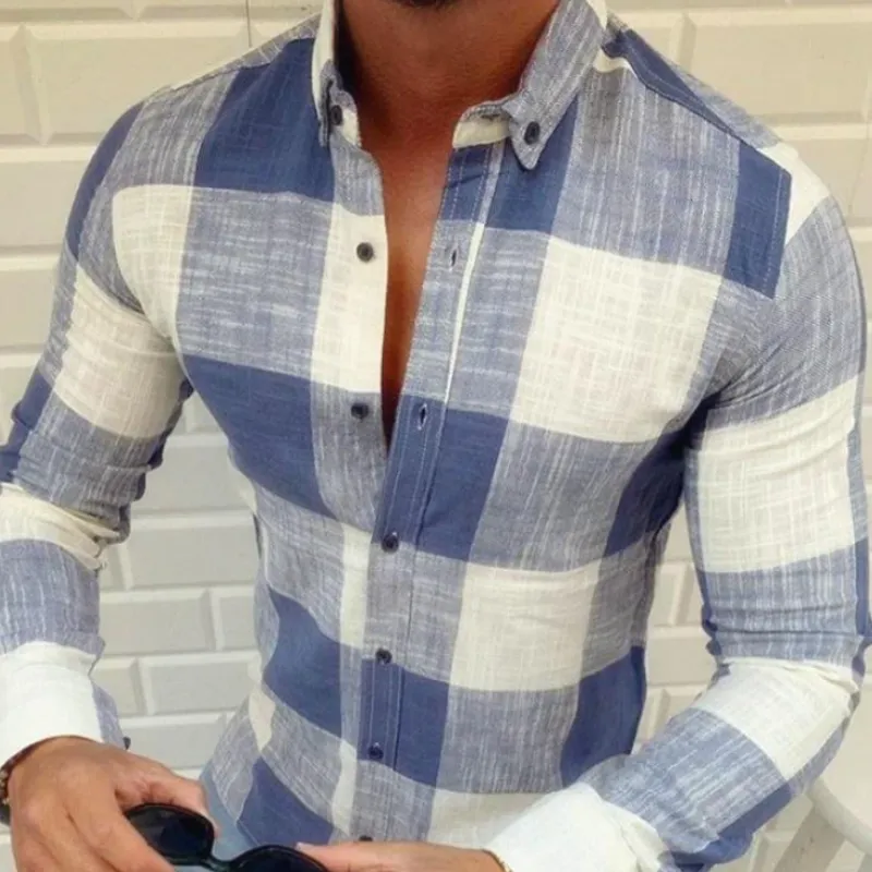 Men's Casual Cotton Plaid Lapel Slim Fit Long Sleeve Shirt 90486726M sold by Manly product image thumbnail 3