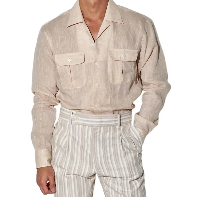Men's Casual Linen Cuban Collar Chest Pocket Slim Fit Long Sleeve Shirt 17782079M sold by Manly