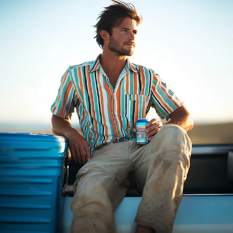 Men's Casual Striped Print Lapel Patch Pocket Loose Short Sleeve Shirt 33713024M sold by Manly product image thumbnail 3