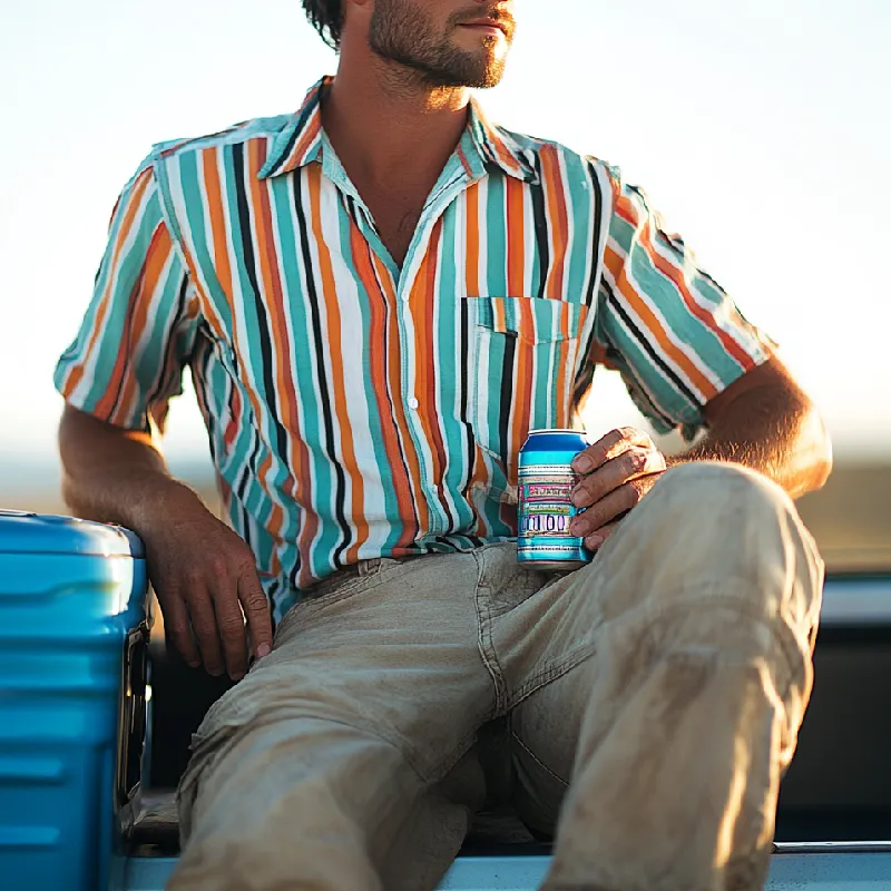 Men's Casual Striped Print Lapel Patch Pocket Loose Short Sleeve Shirt 33713024M sold by Manly product image thumbnail 2