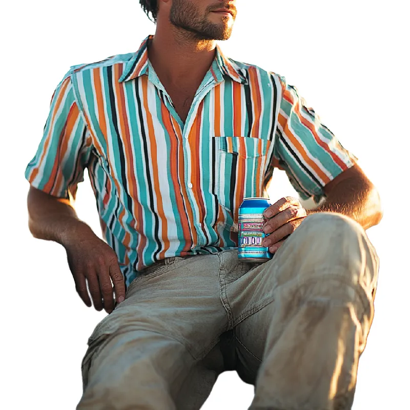 Men's Casual Striped Print Lapel Patch Pocket Loose Short Sleeve Shirt 33713024M sold by Manly