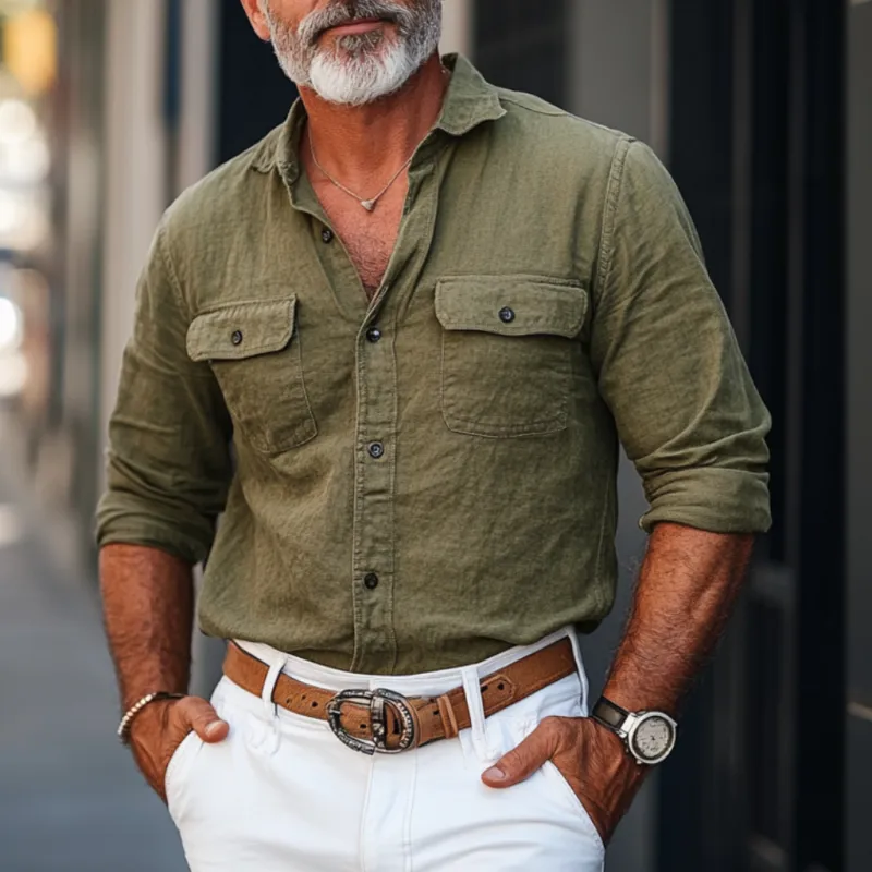 Men's Casual Cotton Washed Lapel Chest Pocket Slim Fit Long Sleeve Shirt 65467021M sold by Manly product image thumbnail 2