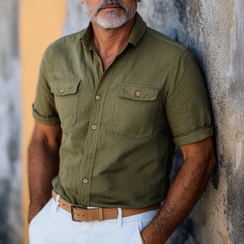 Men's Casual Cotton Washed Lapel Chest Pocket Slim Fit Short Sleeve Shirt 09640087M sold by Manly product image thumbnail 2