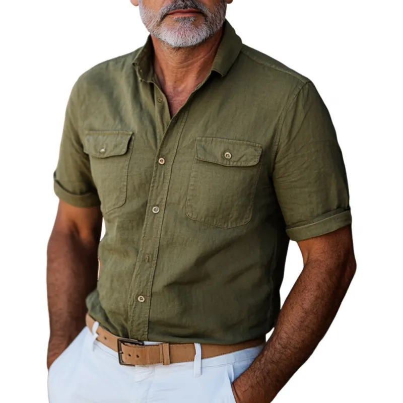 Men's Casual Cotton Washed Lapel Chest Pocket Slim Fit Short Sleeve Shirt 09640087M sold by Manly