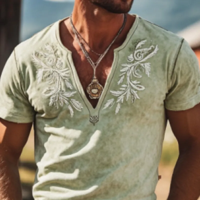 Men's Retro Western Embroidered Slim Suede Deep V Neck T-Shirt 49499450K sold by Manly product image thumbnail 4